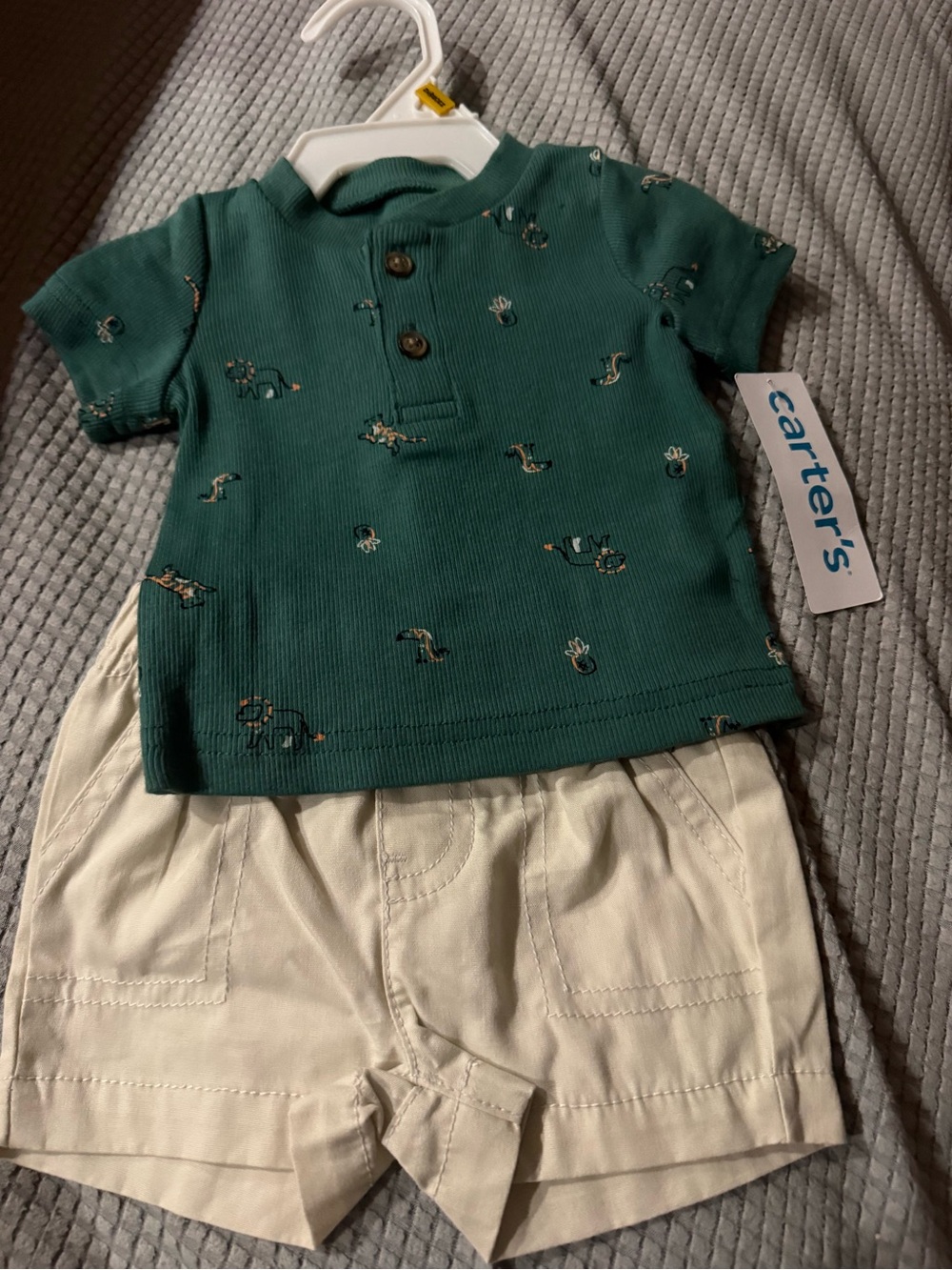 Carter's Green Short-Sleeve Henley with Cream Shorts Set